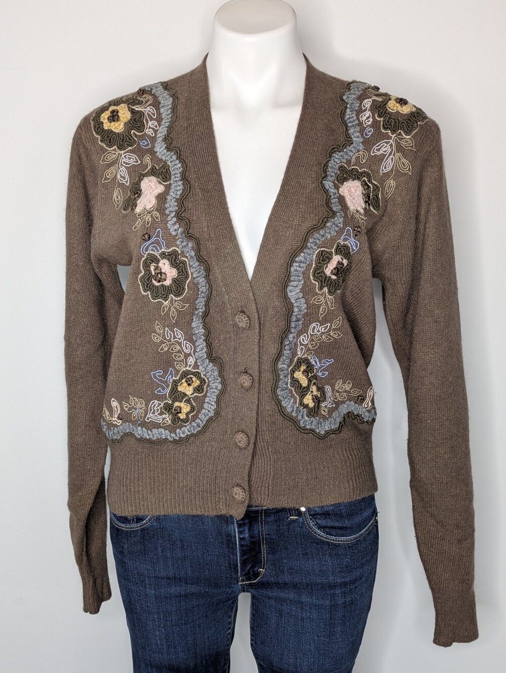 Vintage JH Collectibles Brown Floral Stitched Wool Blend Cardigan Sweater M